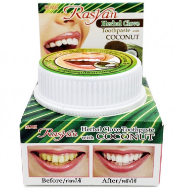 Отбеливающая зубная паста c гвоздичным и кокосовым маслами RasYan Isme 25 гр